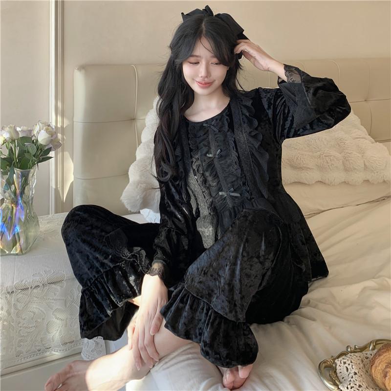 Sweet Princess Sleepwear Velvet Pajamas Women Autumn Winter Sleepwear Long Sleeve Casual Nightwear Pyjama Set Loose Home Clothes