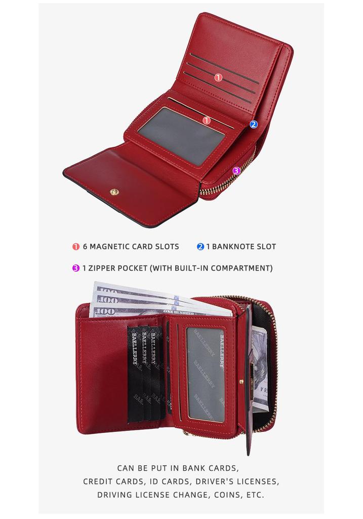 Baellerry Women's Short Tri-Fold Wallet with Multiple Card Slots and Coin Purse