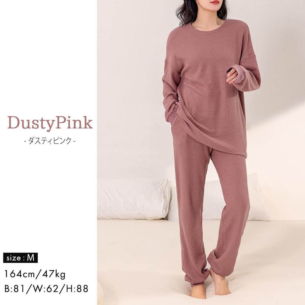 DAYCLOSET Комплект пижамы с длинным рукавом из вафельной ткани с животиком Средний Холодный домашняя одежда208 Пыльный Женский Теплее, Толщина, Погода, Осень/Зима, (Дж. П.,