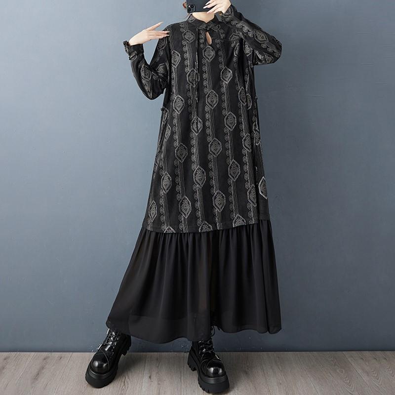 Long sleeve plus size black vintage floral new in dresses for women spring autumn casual loose dress