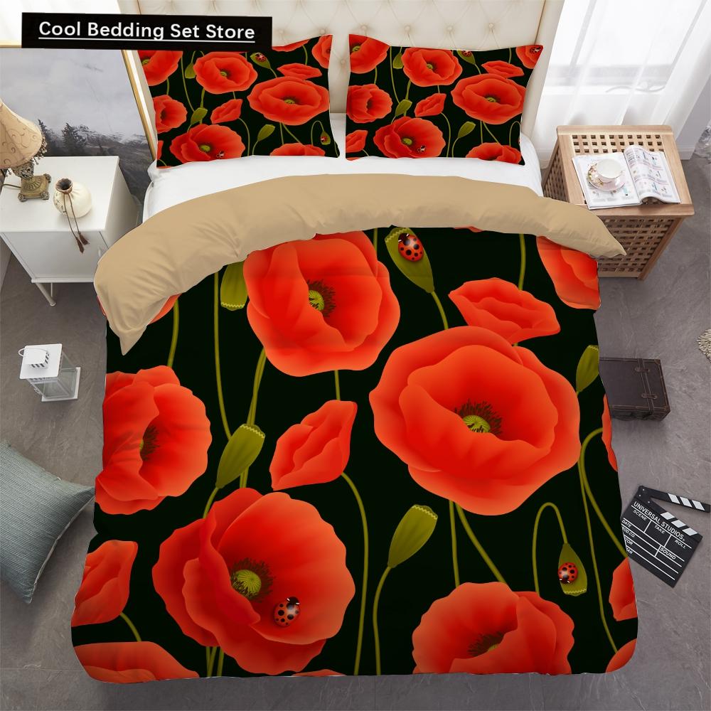 Goldene Rote Rose König Königin Bettbezug Romantisches Florales Bettwäscheset Valentinstag Blumen Steppdeckenbezug Polyester Bettdeckenbezug