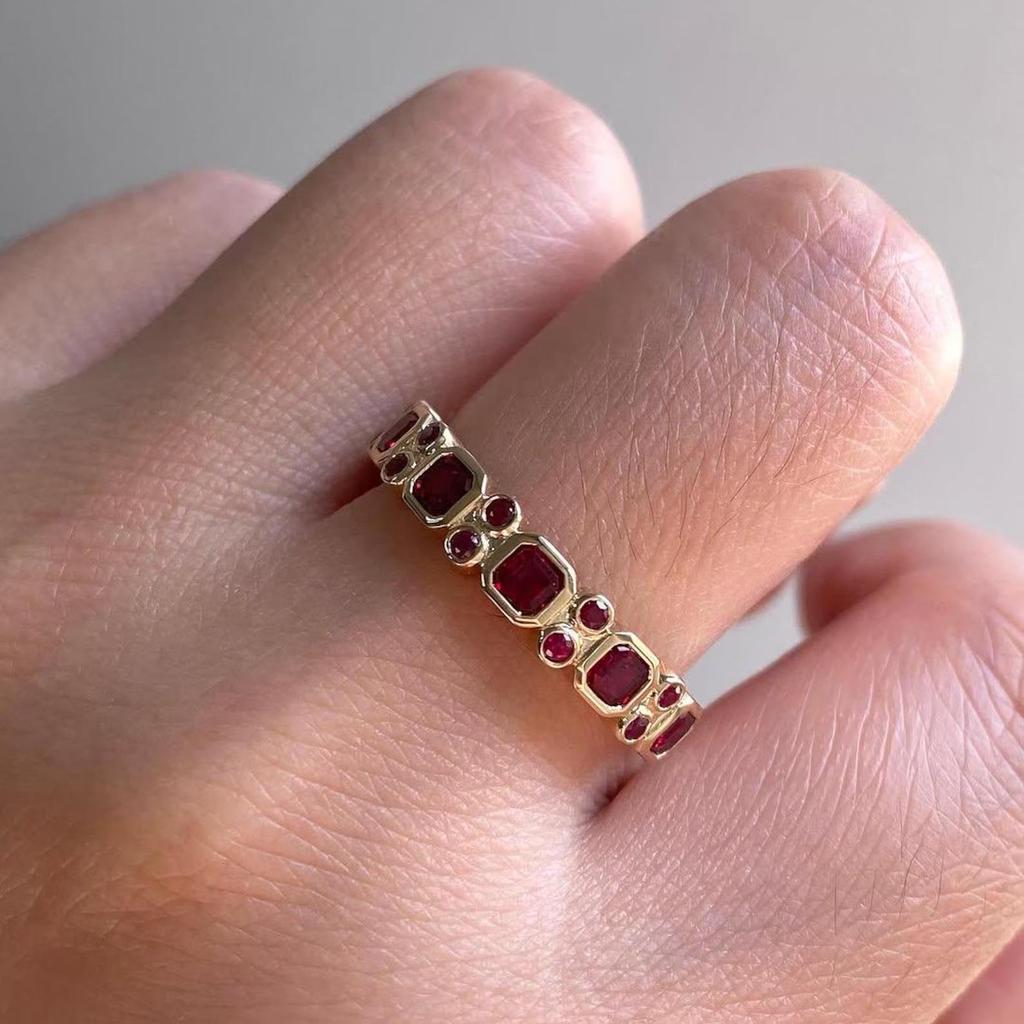 Princess-Cut Ruby Band – Bezel Setting Sterling Silver Ring, Wedding Engagement Jewellery Gift for Women