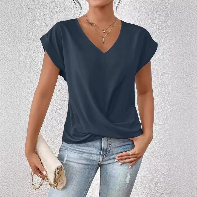 Summer Hot Item Solid Color V-neck Short Sleeved T-shirt for Women Elegant Pullover Top Shirt