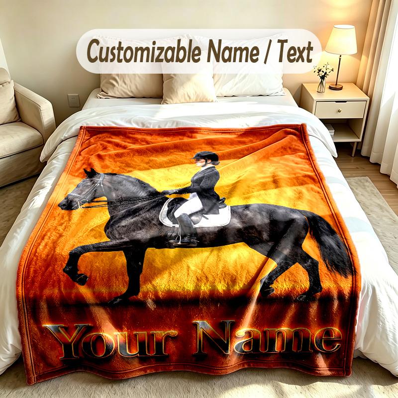 Horse Theme Custom Blanket Personalized Name & Text Customized Soft Warm Throw Blanket Home Decor