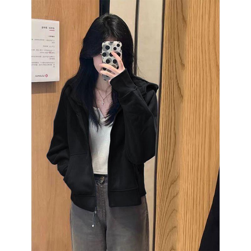 

American Retro High Street Hooded Short Sweatshirt Women s Spring & Fall Chic Loose Thin Coat Lazy Cardigan Top Black (Spring & Fall thin) M