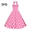 Women Vintage Dress 50s Retro A-line Big Swing Sleeveless Dot Print Contrast Color Elastic Bust Halter Neck High Tight Waist Backless Knee Length