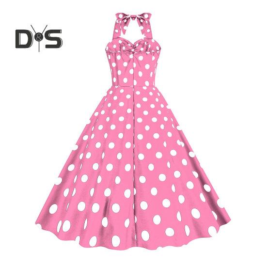 Women Vintage Dress 50s Retro A-line Big Swing Sleeveless Dot Print Contrast Color Elastic Bust Halter Neck High Tight Waist Backless Knee Length
