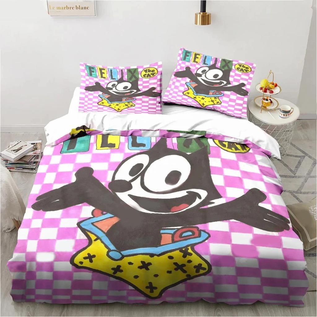 Set Biancheria da Letto Cartone Animato Carino F-Gatto Felix, Copripiumino Trapunta Set Letto Copripiumino Federa, Matrimoniale Queen Singolo Size Bambini Ragazzi Adulti