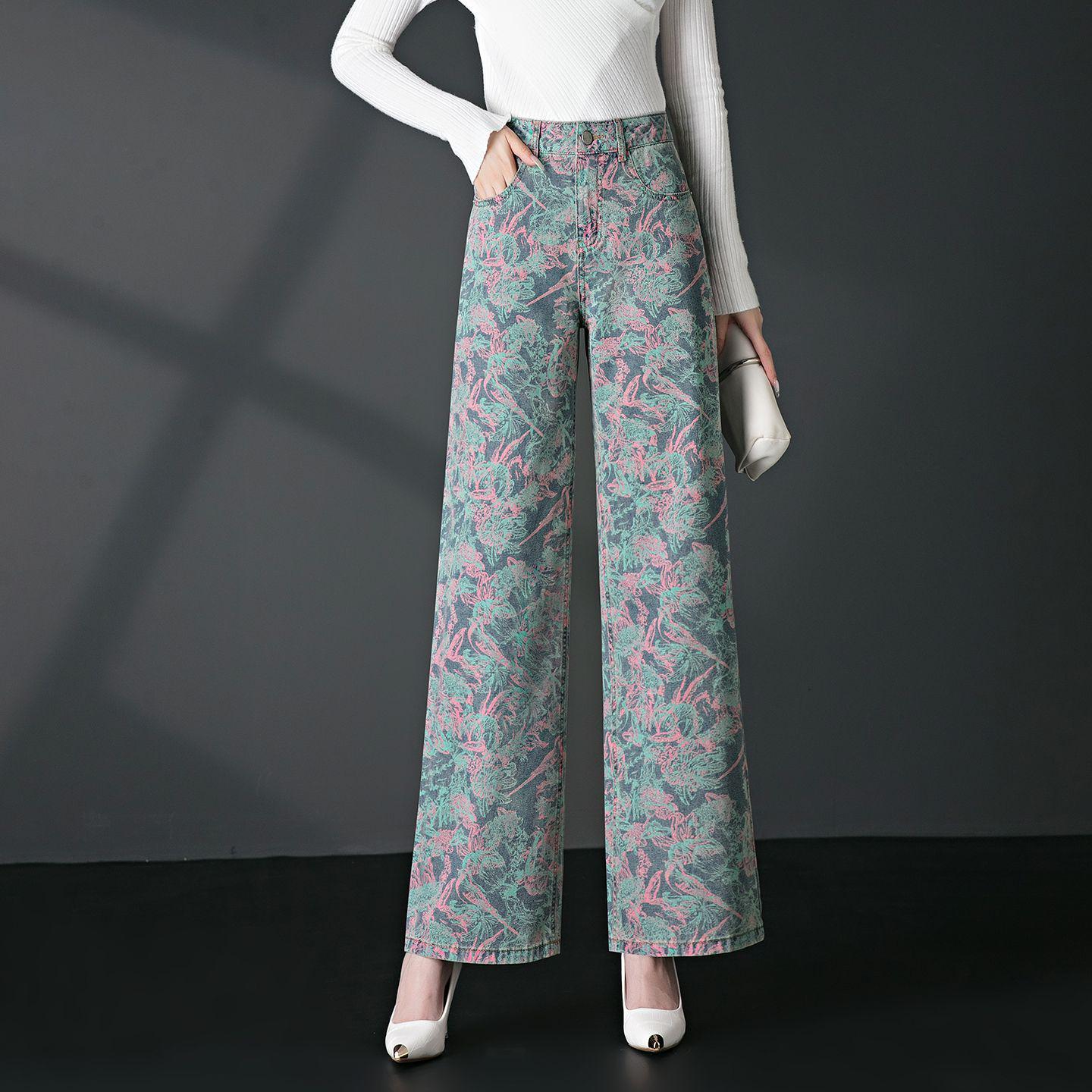 

2025 Spring/Autumn High-Waist Printed Wide-Leg Jeans for Women: Slimming, Loose-Fit, Long Pants 27 (90-105 lbs) синий