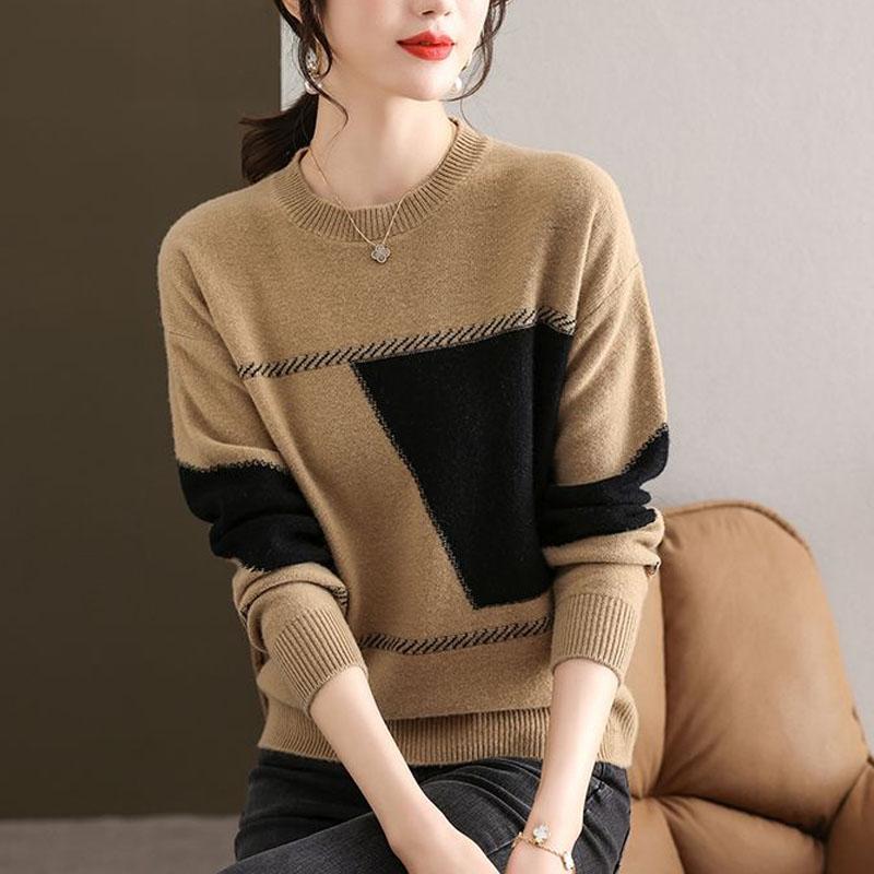 New Autumn Winter Fashion Round Neck Contrast Color Cashmere Sweater Loose and Versatile Large Foreign Long Sleeve Sweater
