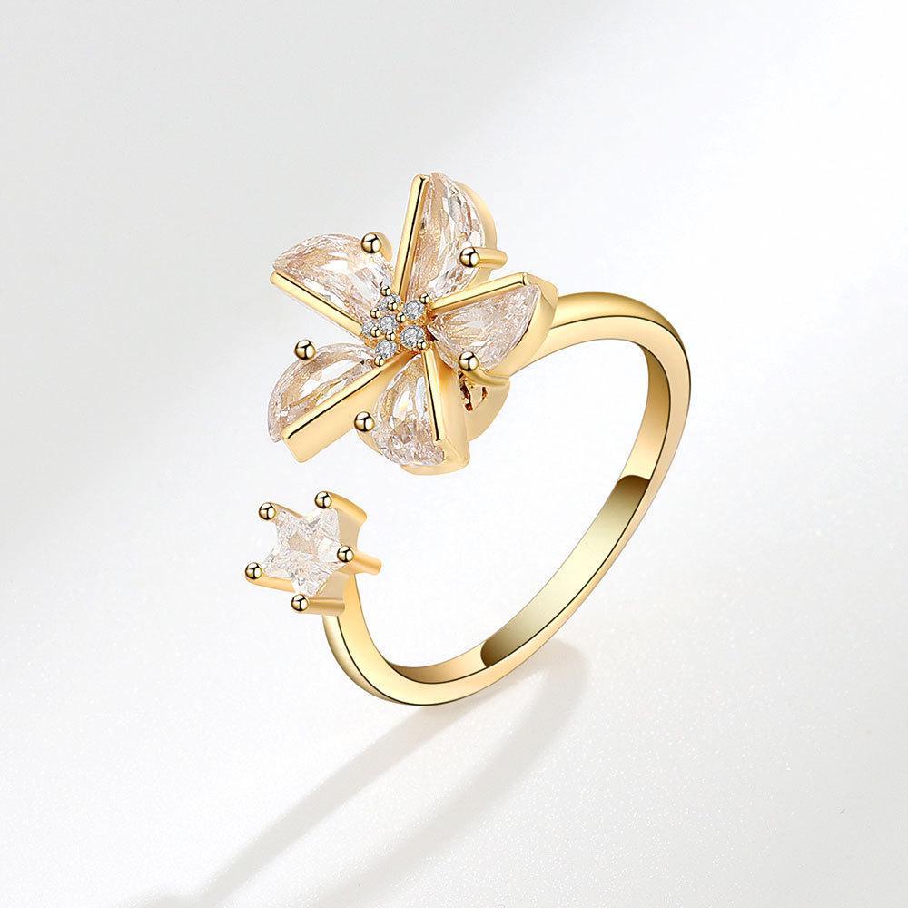 Geometric Copper Adjustable Ring With Flower Motif For Women Fashion Jewelry