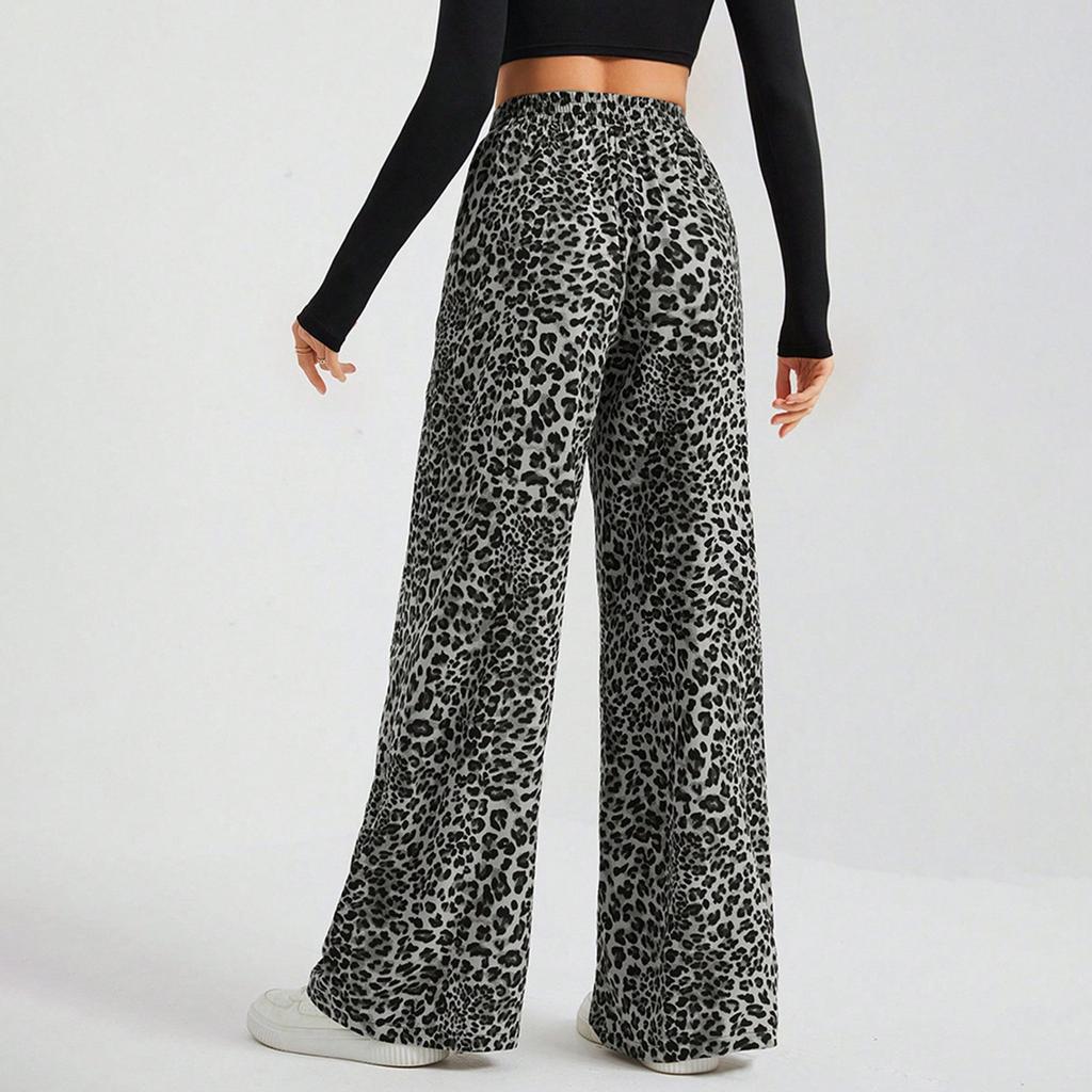 Women's Leopard Print High Waisted Wide Leg Trousers  Casual Straight Leg Pants