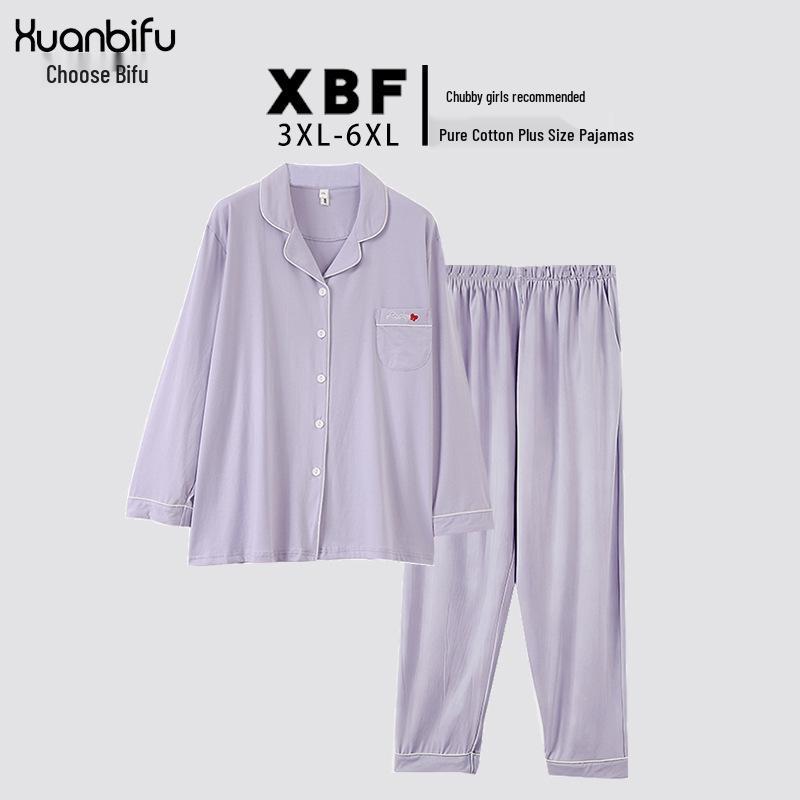 

Plus Size Lapel Long Sleeve Cotton Pajama Set for Women (200 lbs) - Spring/Autumn Solid Color, Extra Large, Loose Fit 5XL (suggested for 200-240 lbs)