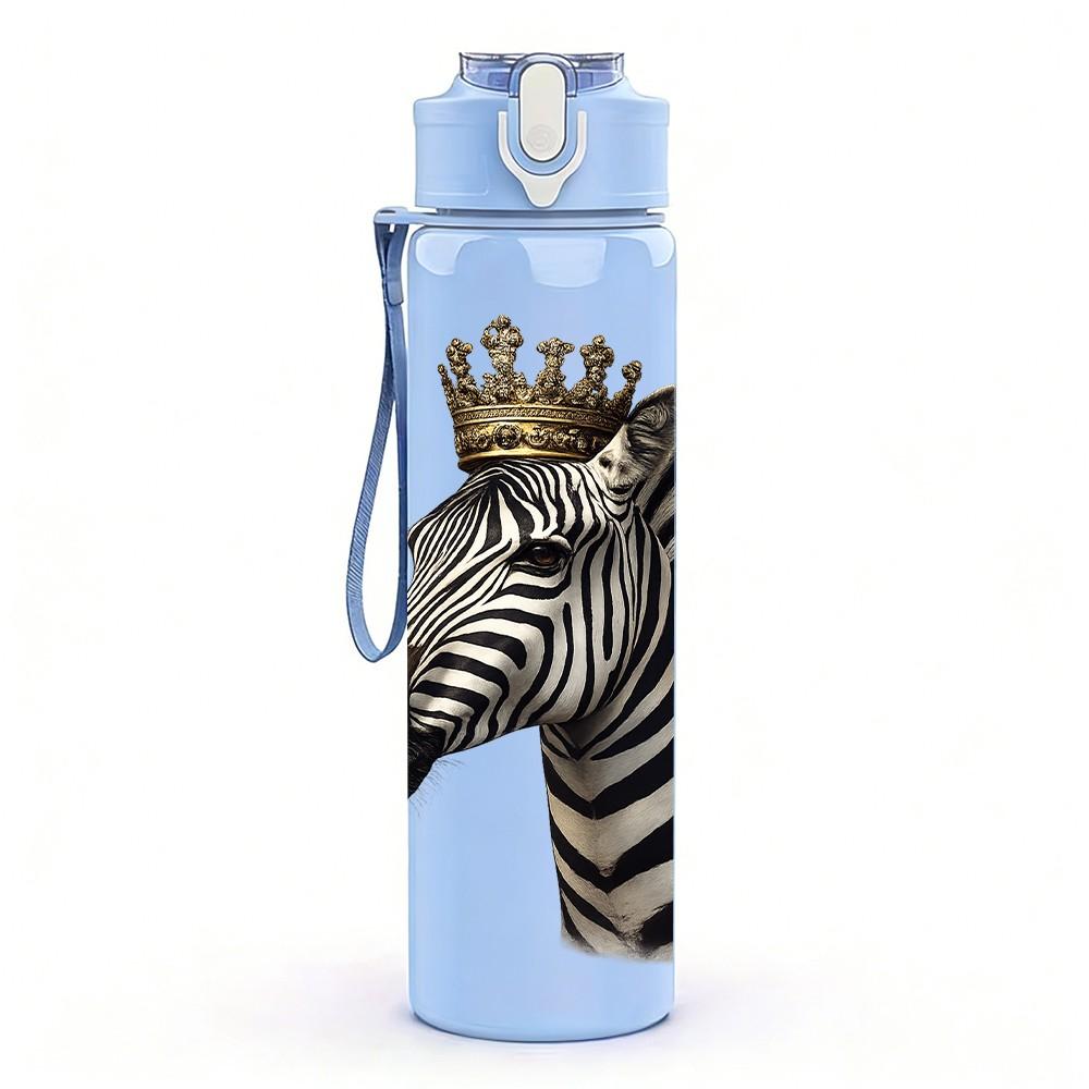 1PC Zebra With Crown Cute Animal Print 750ml Color Plastic Sports Water Bottle Leakproof Flip Straw Lid Suitable for Sports Office Home Use