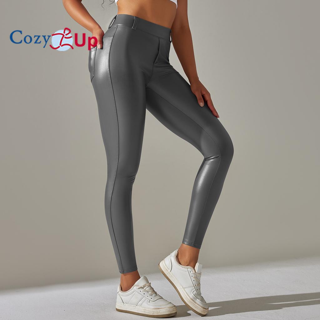 Cozy Up Faux Leather Leggings for Women High Waisted Pleather Pants Stretch Tights with Pockets