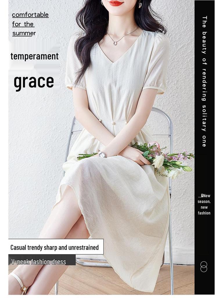 Elegant French-Style Summer Dress: Cinched Waist, Age-Defying Design