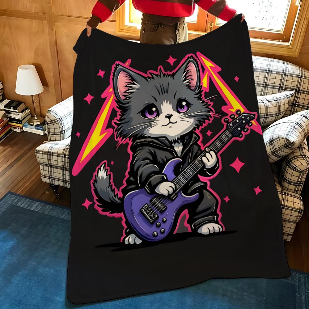 Art R-Rock G-Guitar Cat Throw Flannel Blanket Suitable for Sofas Beds Offices Travel, Camping Chairs