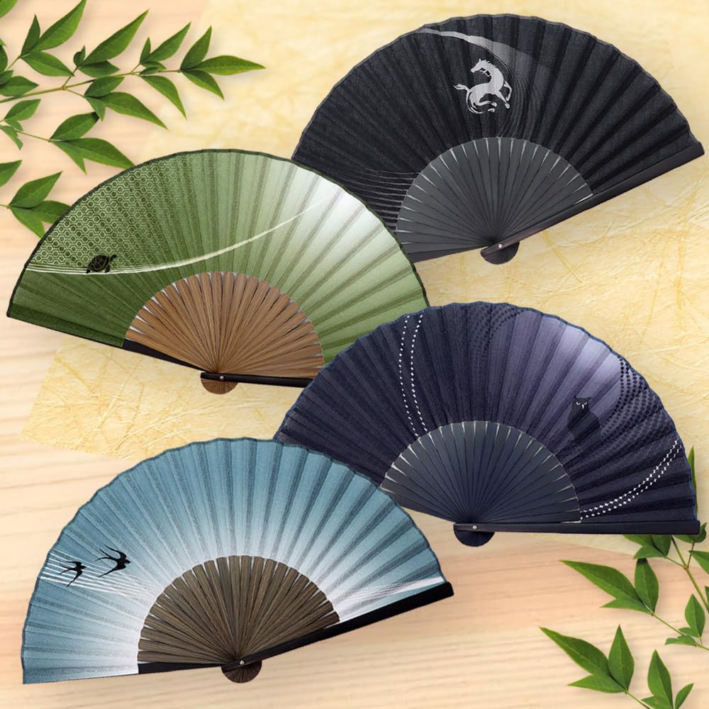 Folding Stylish Business with Folding Fan Bag and Handkerchief Good Luck [Osaka Choseido] Men's Fan, Style, Set, (Swallow Blue-Green)
