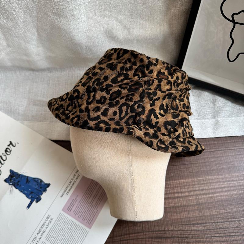 Niche Designer Leopard Print Pleated Bucket Hat Women's Spring Summer Retro Fashion Personalized Basin Hat Sun Bucket Hat