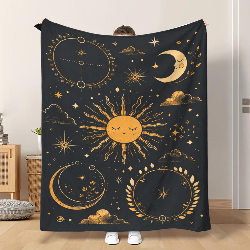 1pc Flannel Blanket Sun Moon And Stars Design Soft Comfortable And Warm Nap Blanket/Sofa Blanket Suitable for All Seasons with Bea