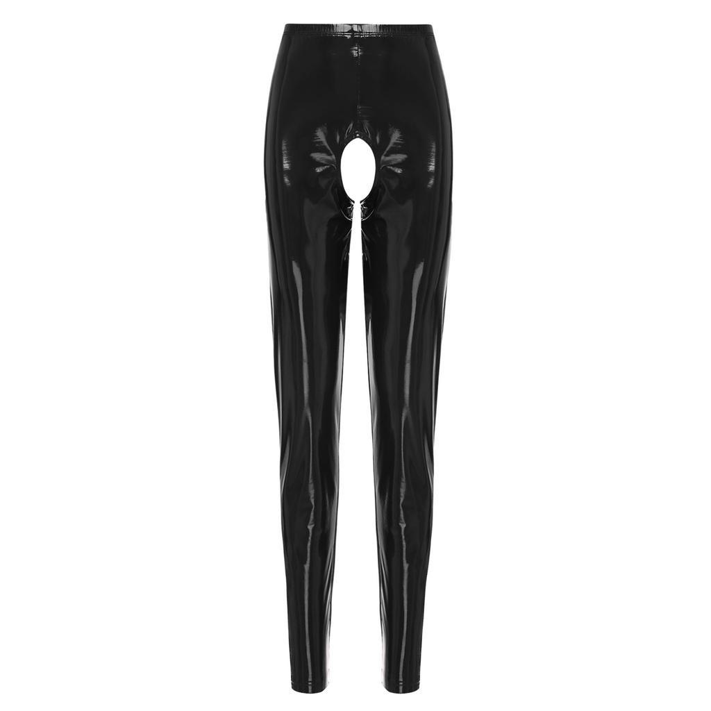 Womens Patent Leather Crotchless Pants High Waist Elastic Leggings Glossy Clubwear