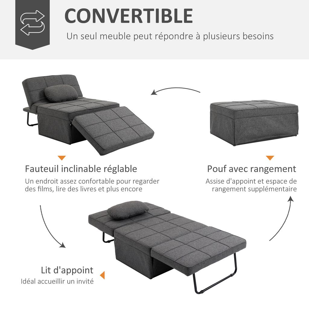4-in-1 Single Armchair Convertible Chair Bed Pouf Reclining Backrest 5 Levels Folding Footrest, Load 200 Kg, Metal Frame and Linen Fabric Gray