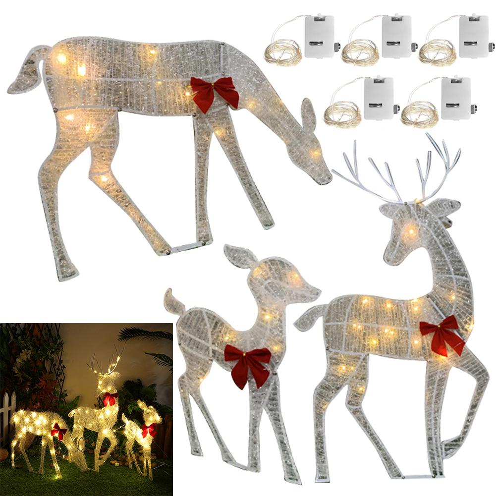 3Pcs Family Lighted Deer Christmas Decor Metal with 5Pcs LED String Light LED Christmas Lighted Reindeer for Garden Party Decor