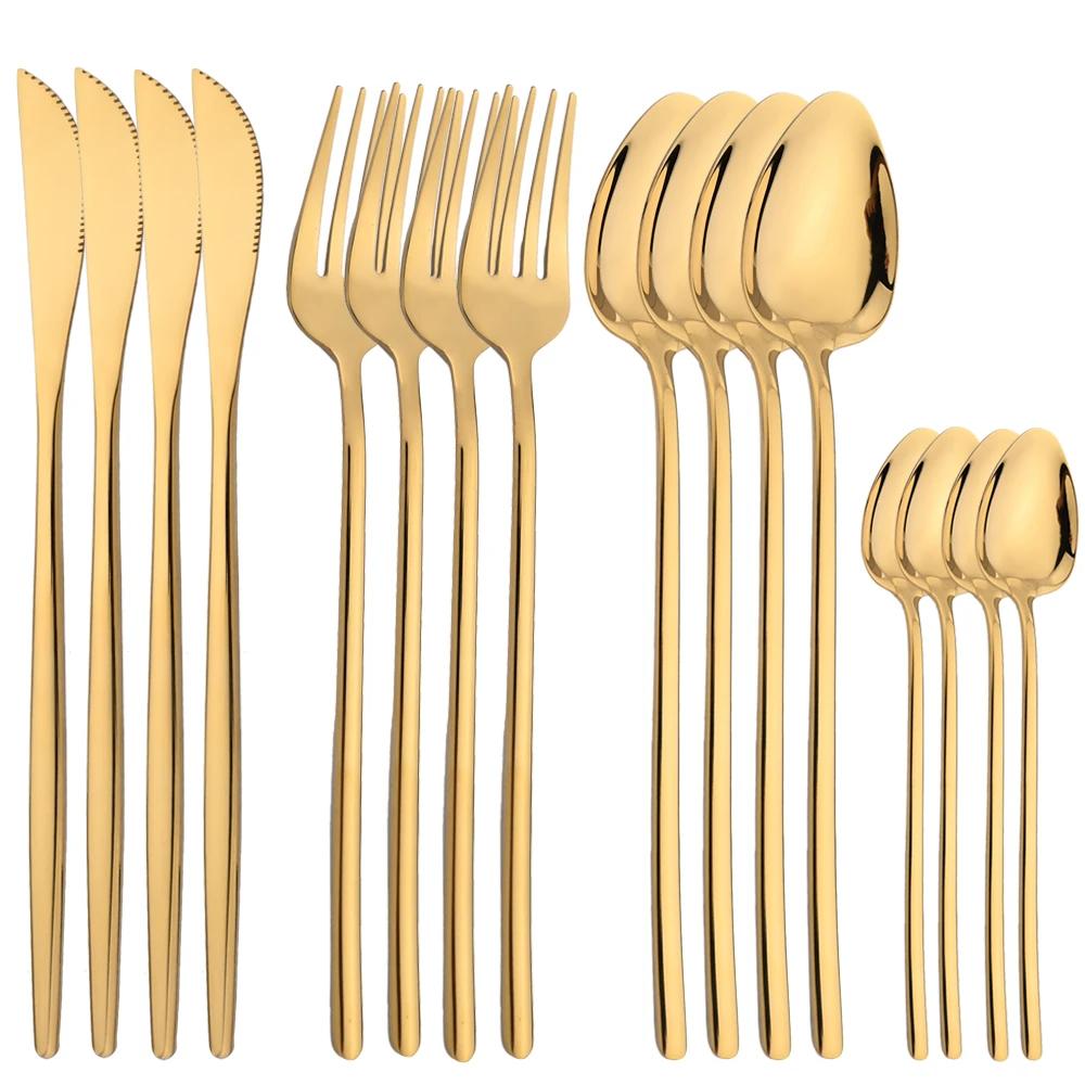 16Pcs Cutlery Set Stainless Steel Gold Dinnerware Dinner Knife Fork Spoon Teaspoons Western Reusable Polished Utensils For Home