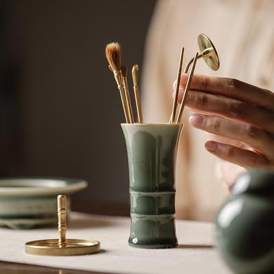Celadon Incense Burner Bottle, Ceramic Carving, Simple Flower Vessel, Imitation Wood Root Shape, Chopsticks