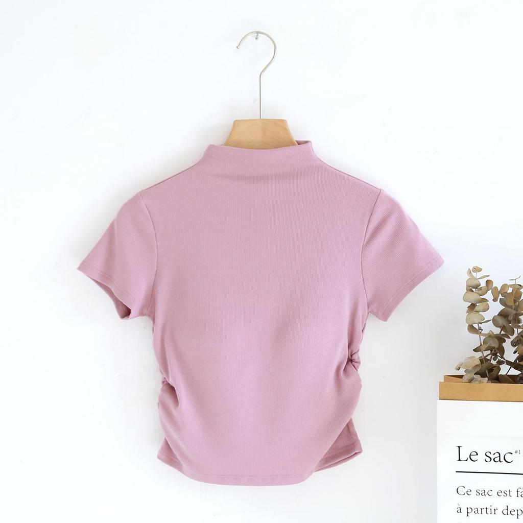 Women's Slim High Collar Short Sleeve T-Shirt with Chest Pads