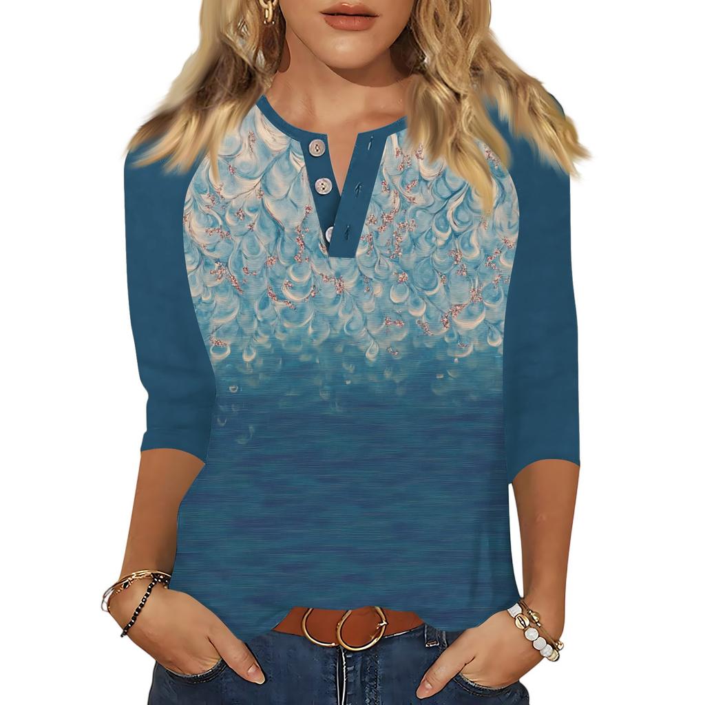 Women's T Shirt Print Button 3/4 Sleeve Daily Weekend Fashion Basic V- Neck Regular Top