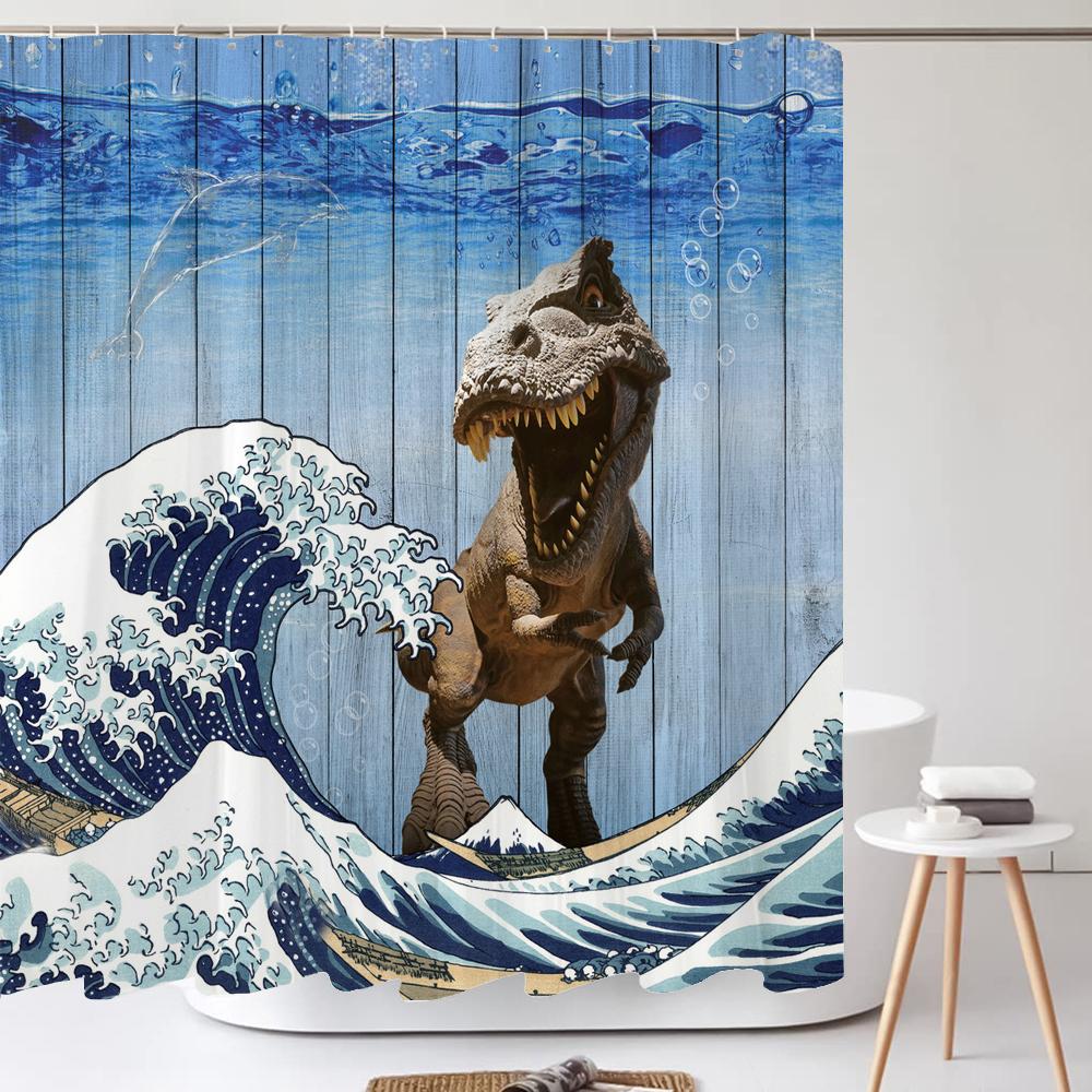 Lustiger Hund Dinosaurier Wasserdichter Polyester Duschvorhang Mit Haken Für Badewanne Kreativität Badezimmer Sichtschutz Heimdekoration Wandtuch