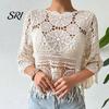 Top de ganchillo boho Cubre tops Ajuste holgado Cuello redondo Manga de tres cuartos Relajado Camisa de verano Tejido calado Playa Bohemio Dobladillo con borlas Ligero