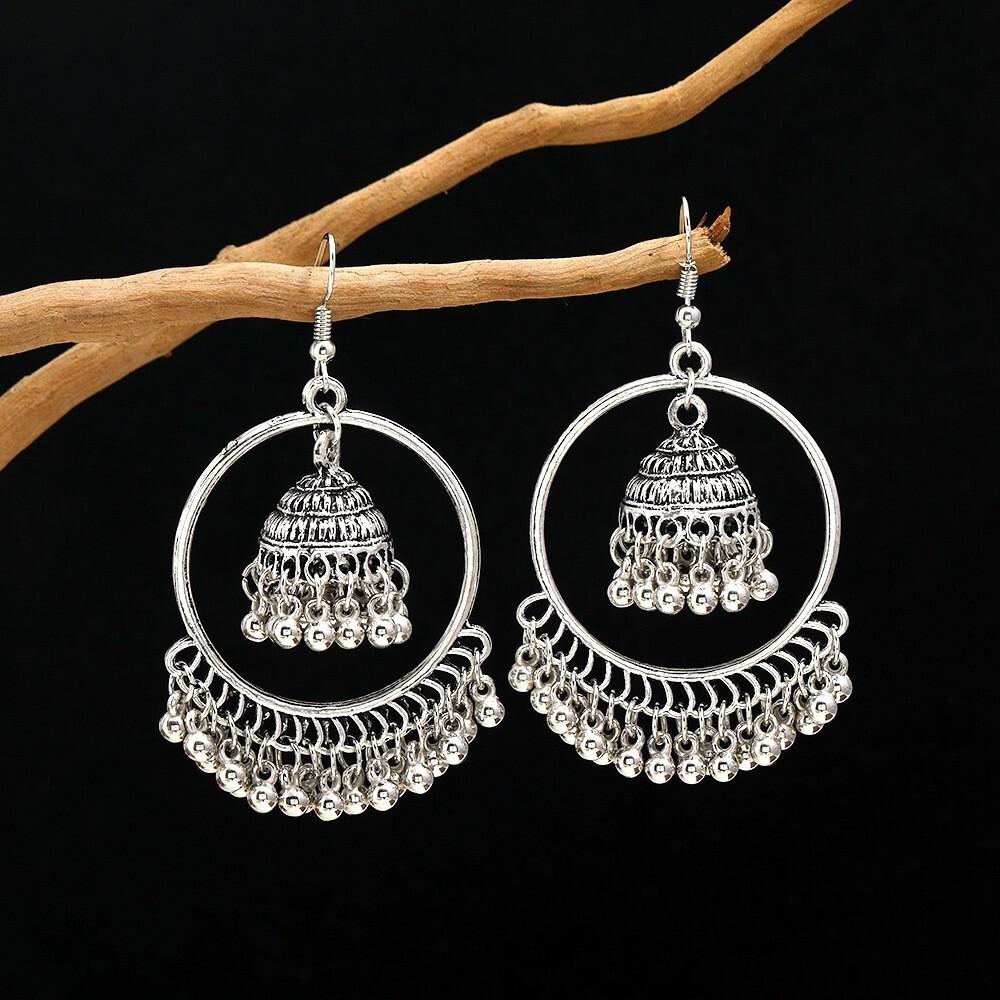 Boho Etnické Retro Starožitná Zlatá Barva Slitina Kruh Ptačí Klec Korálky Zvonky Třásně Indické Jhumka Náušnice Pro Ženy Doplňky