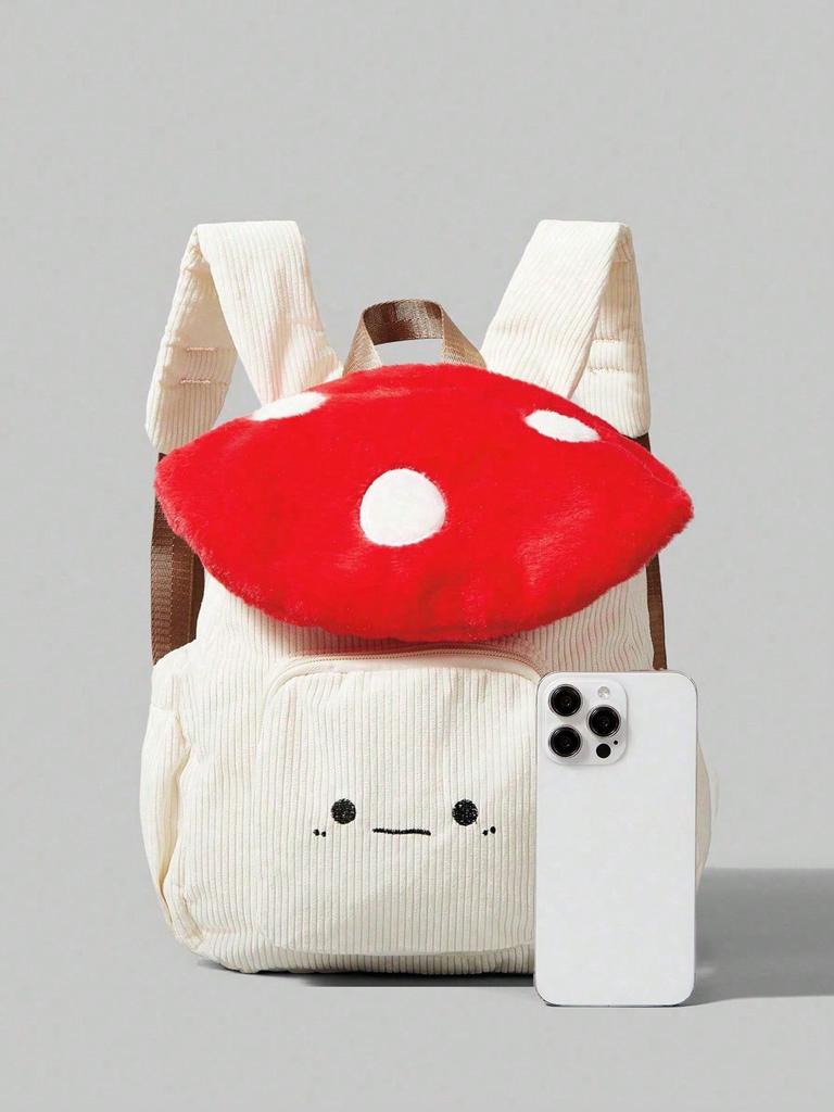 Cute and Fashionable Corduroy Backpack Mushroom Polka Dot Embroidered Backpack Design Color-blocking Design Suitable for Campus