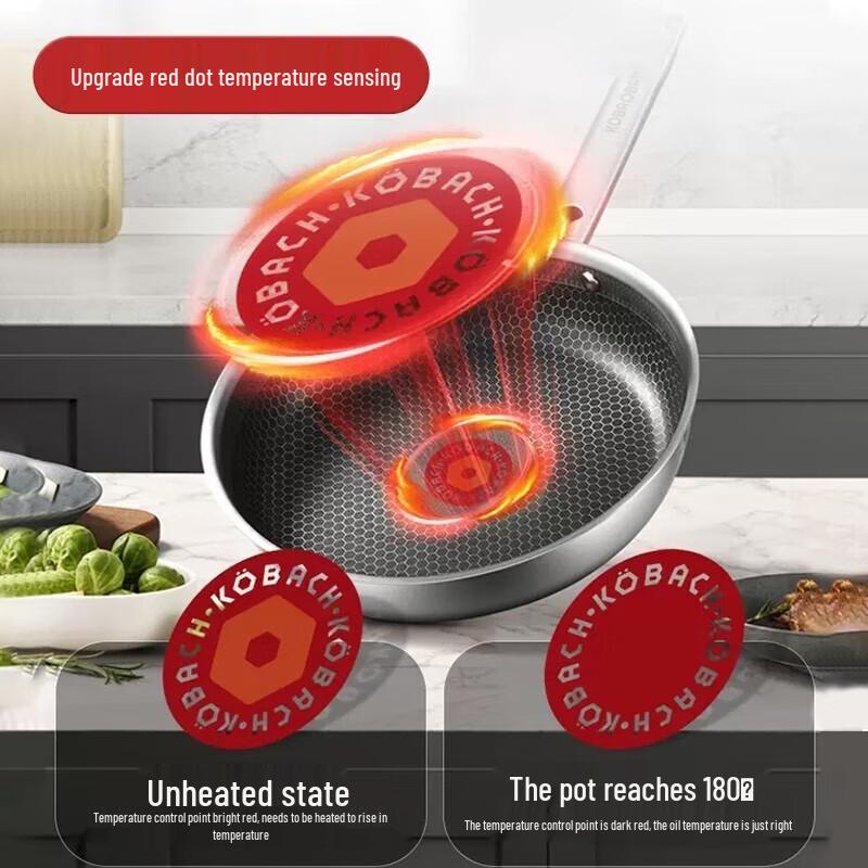 KOBACH 304 Stainless Steel Honeycomb Frying Pan with Red Dot Temperature Sensor
