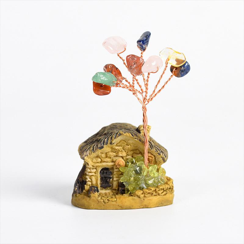 Crystal Mini House Ornament Decorative Crafts Natural Crystal Tree Crushed Stone Wealth Tree Cabin Garden Home Decoration