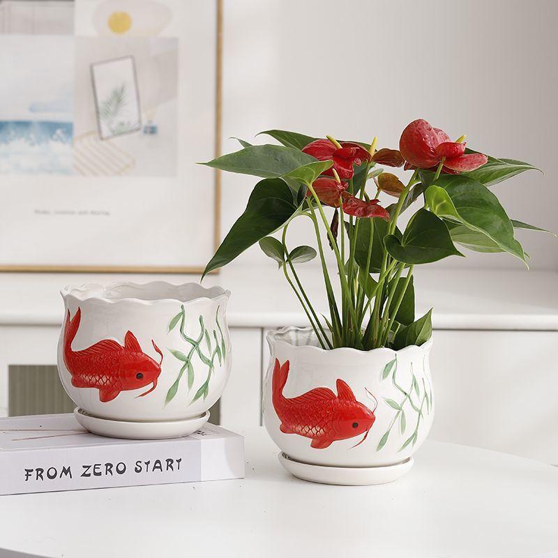 Jie Jie Gao Sheng Ceramic Flower Pot Set with Tray