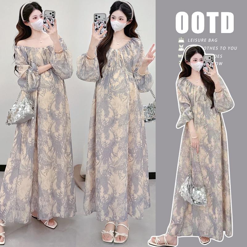 2026 Spring Floral Print Maternity Dress - French Fresh Korean Style, Loose Fit, Belly Covering Long Skirt L
