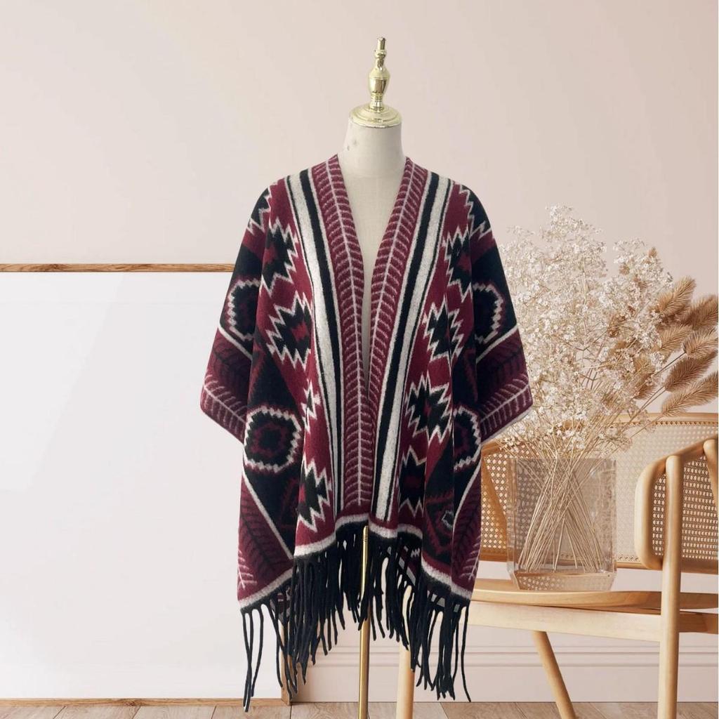 Elegant Ethnic Ink Painting Cape Shawl with Tassels - Versatile Travel Scarf Cloak