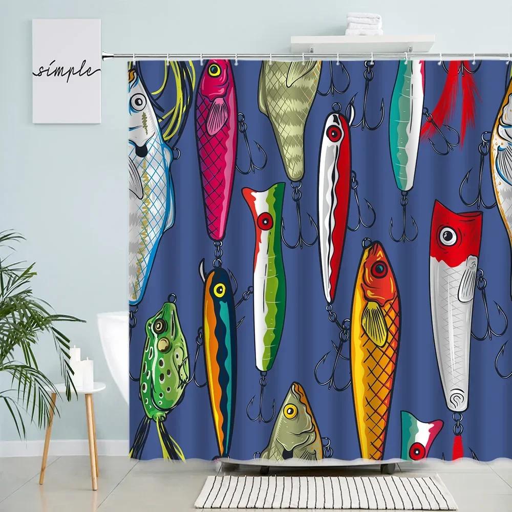 Tende da Doccia Pesci Cartoni Animati Amo da Pesca Rana Vita Marina Stampa Moderna Tessuto Decorazione Parete Casa Bagno Set Tende da Bagno Bianche