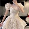 Ezgaga Rochii Femei Floral Gât în ​​V mâneci bufante Moda coreeană Slin Sexy Mini rochie Puffy Ball Gown Fairy Ladies Elegant