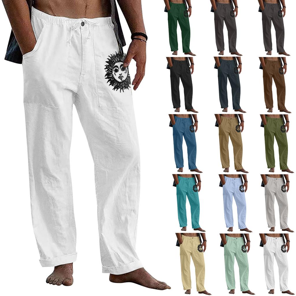 Men's Casual Loose And Comfortable Casual Pants Cotton Linen Printed Drawstring Trousers