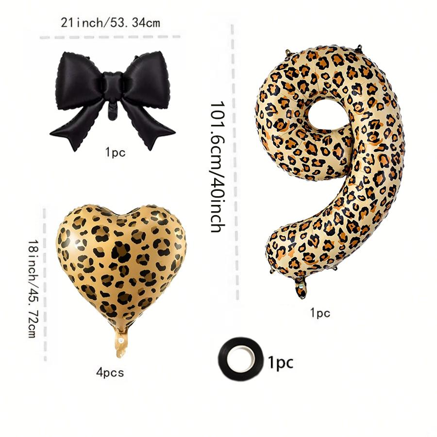 Leopard Print Number Foil Balloon 0-9 with Black Bow Leopard Print Heart-shaped Balloon for Birthday Anniversary Party Decor