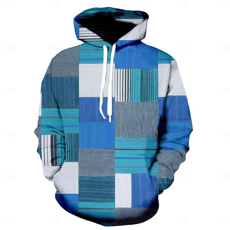 New Men's Graphic Plaid Color Block 3D Hoodies Sweatshirt Outdoor Long Sleeve Tracksuit Casual Sports Training Jogging Pullovers