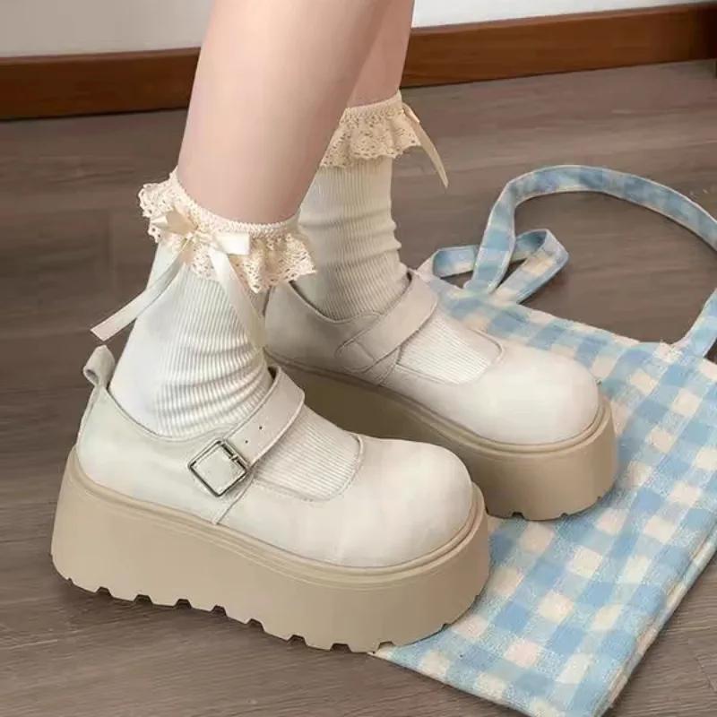 

Модная женская обувь 2025 Модные туфли-лодочки на высоком каблуке с ремешком и пряжкой Женские туфли на танкетке Женские Новые туфли с круглым носком на платформе Zapatos 40 бежевый