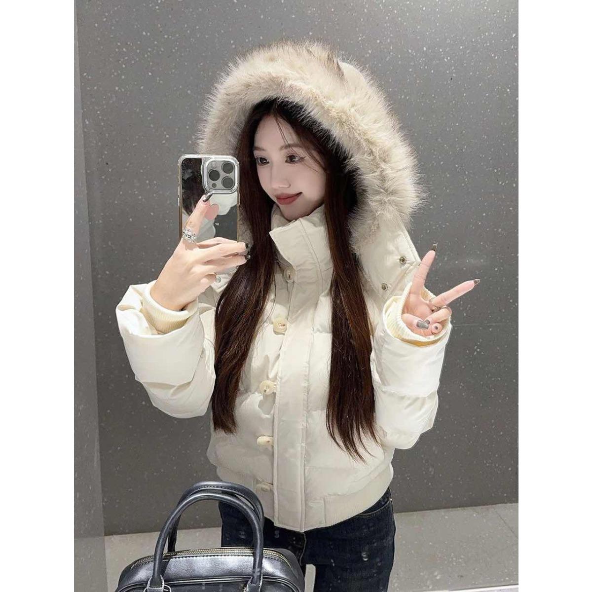 VAYLA Американское Ретро Пальто с Меховым Воротником Теплое Однотонное Женское Хлопковое Пальто с Капюшоном Зимнее Свободное Повседневное Приталенное Хлопковое Пальто Куртки S