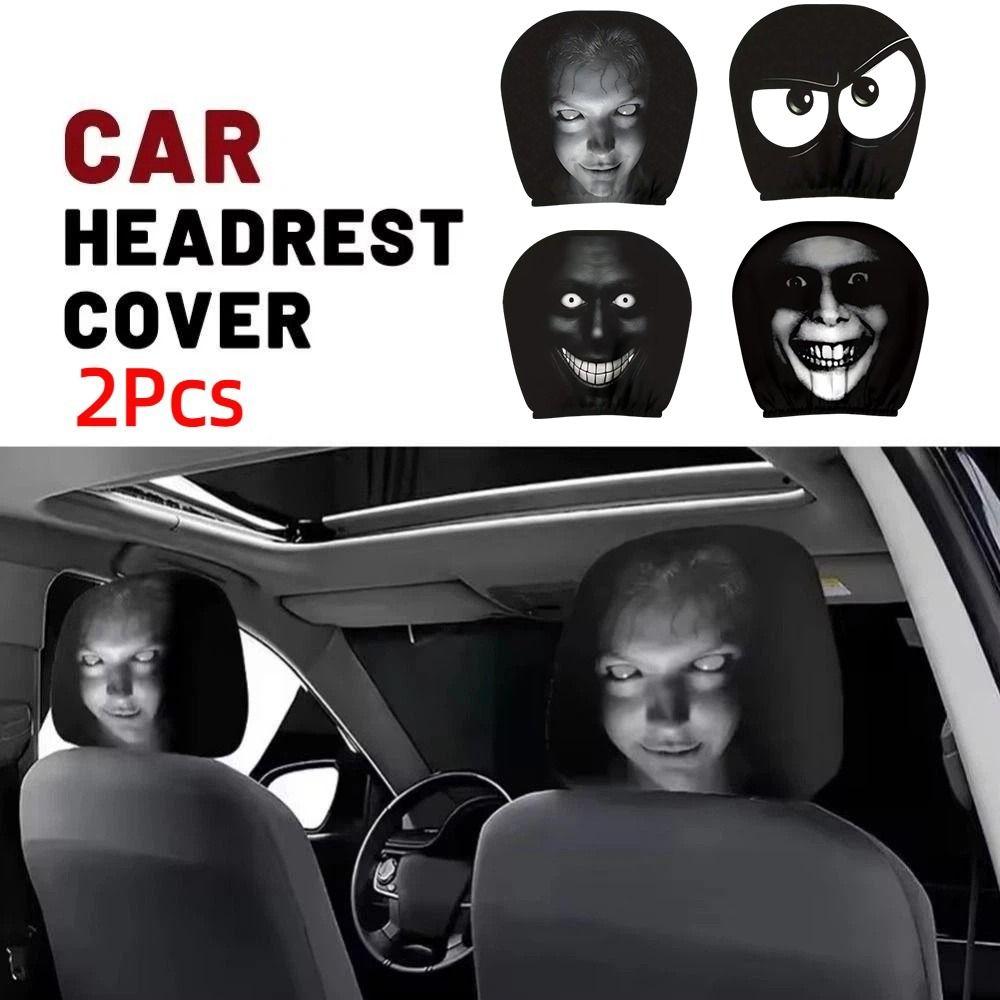2Pcs Exaggerated Car Headrest Covers Funny Face Expressions Car Seat Headcover Journey Must-Have