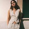Old Qian Feng Pure Linen Vest Short Vacation Casual Sleeveless Top Summer Lace-up Vest Commuter Linen Vest