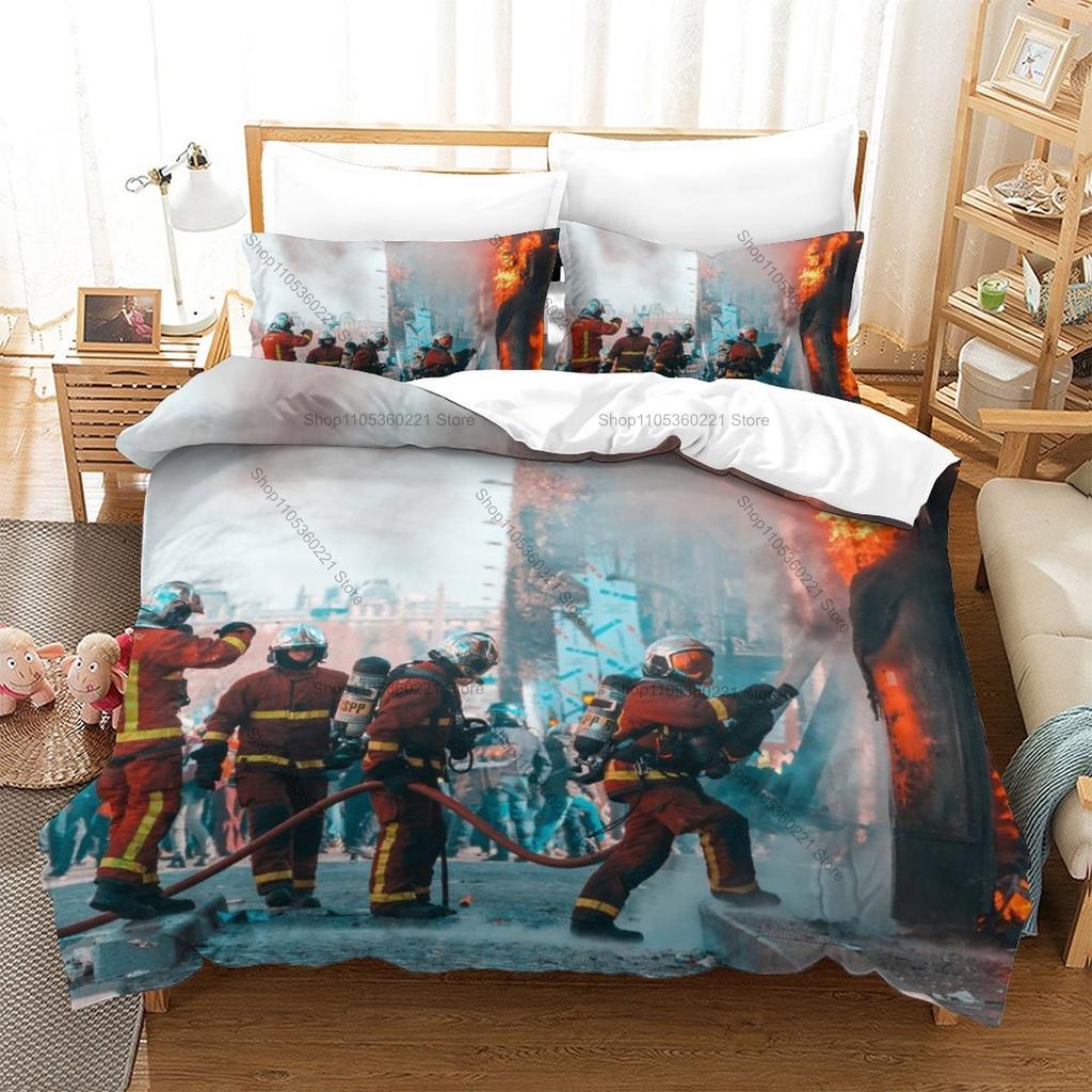 Cool Firefighter Rescue Fire Truck Flame Hero HD Print Bedding Set Duvet Cover + 2 Pillowcases Polyester Boys Bedroom Decor